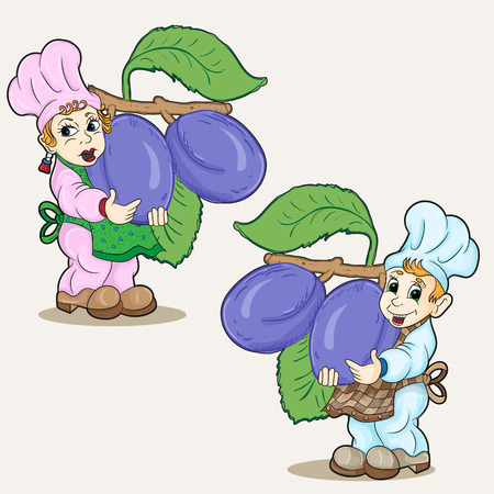 vector boy and girl dressed as a chef holding a big plumのイラスト素材