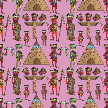 Vector seamless pattern illustration American Indian style flat purple background.のイラスト素材