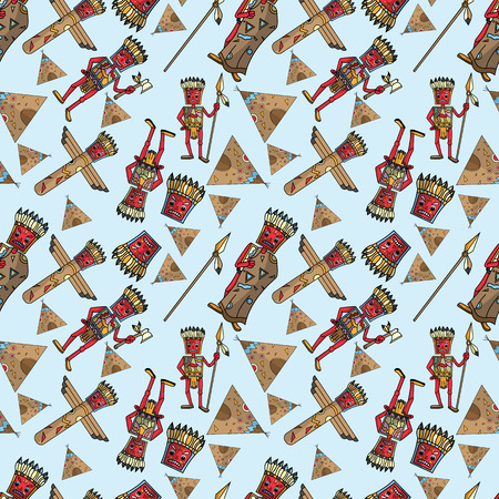 Vector seamless pattern illustration American Indian style flat blue background.のイラスト素材