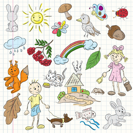 Children's colored vector illustration in the style of sketch elements for design nature. Pets, plants, kids boy and girl, nature. Isolated vector illustration.のイラスト素材