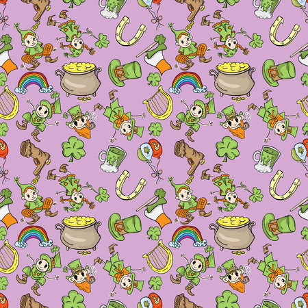 vector St. Patrick's day seamless pattern of symbols and holiday decoration elements purple backgroundのイラスト素材