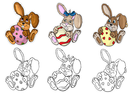 vector illustration of little bunnies boys and girls are holding in the paws Easter eggのイラスト素材