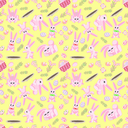 vector seamless flat pattern of pink rabbits in different poses, plants and Easter eggs isolated yellow backgroundのイラスト素材