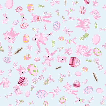 Vector seamless flat pattern of pink rabbits in different poses, plants and Easter eggs isolated blue backgroundのイラスト素材