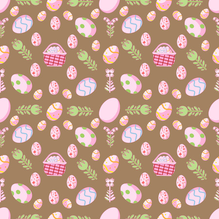 Vector seamless pattern flat Easter egg baskets with eggs and flowers, brown backgroundのイラスト素材