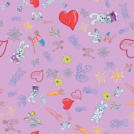 vector seamless pattern childrens illustration of set of element for design with bunnies, flowers, hearts, sun, colored backgroundのイラスト素材