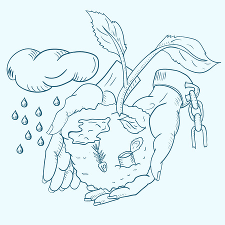 Contour vector illustration of human hand holding a sprouting plant among the debris and the contaminated soil, debris on earth environmental problems.のイラスト素材