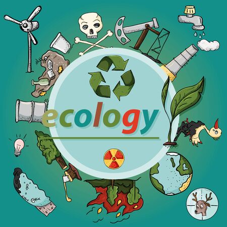 vector illustration set of design elements on the theme of ecology earth pollution effects of human activitiesのイラスト素材