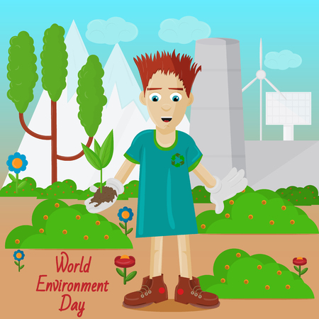 Vector flat illustration of a teenage boy holding a small plant against the backdrop of nature and an industrial building, symbolizing world environment day.のイラスト素材