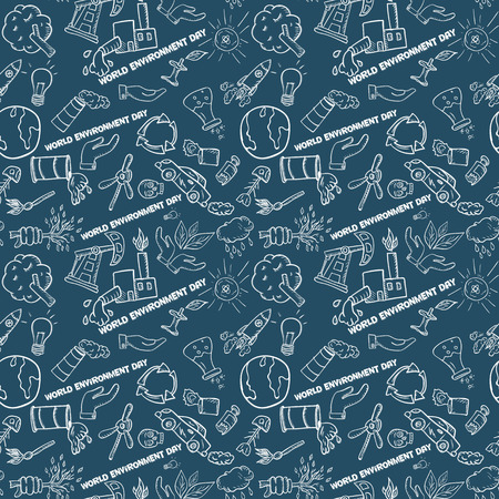 vector contour, seamless, pattern, of elements for design various objects of human activities the theme for world environment day, the background is isolatedのイラスト素材