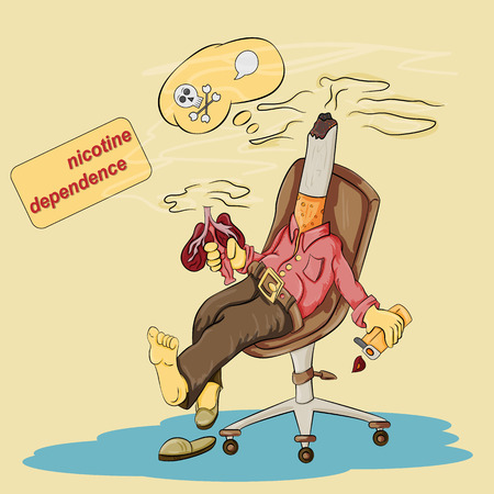 vector illustration of a person sitting in a chair with a cigarette instead of a head in his hands, holding a light and lighter social problem tobacco addiction, bad habitsのイラスト素材