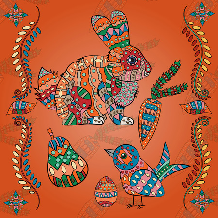 vector illustration of animal and plant ornament rodent, rabbit, and plants, pear, flowers, egg, hare, bird, leaves in the style of Gzhel, Khokhloma, background isolatedのイラスト素材
