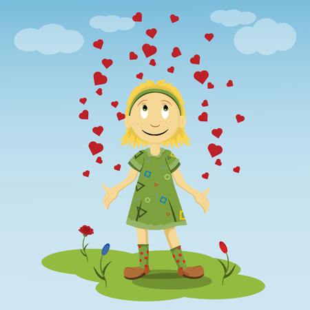 vector flat illustration of a little girl standing on a green lawn in a green dress among the flowers spreading her hands to the sides of which the hearts riseのイラスト素材
