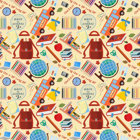 vector seamless pattern on a school theme, the Association for educational institutions, items, globe, food, instruments, pencils, lanaki, all that is connected with learning, the background is isolatedのイラスト素材