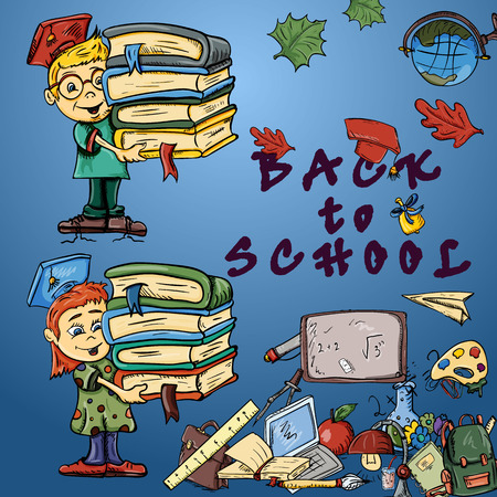 vector color illustration of a childrens school, the design of school subjects a globe, backpack, ruler, books, pencils items, ready-to-print layouts, boy and girl, background, isolatedのイラスト素材