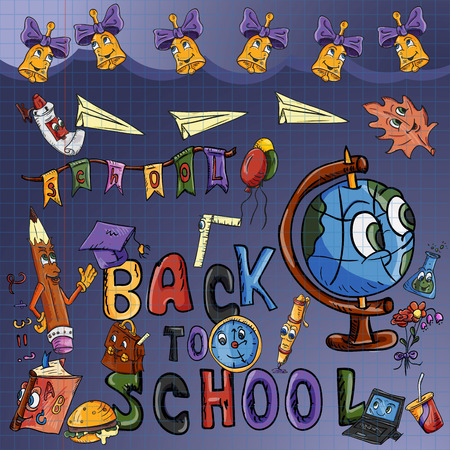 vector sketch illustration school, design of school subjects with eyes, globe, backpack, ruler, books, pencils, items, print-ready layouts training-related background is isolatedのイラスト素材