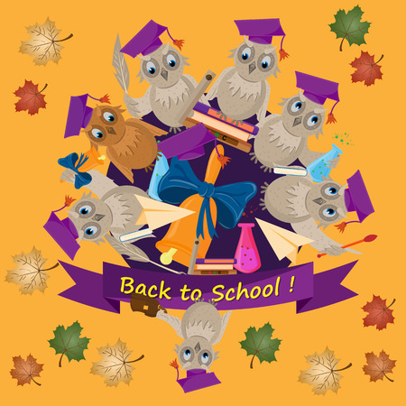 vector, flat illustration on school theme, bird owl holding various school subjects for learning, test tube book, briefcase for textbooks, maple leaves banners back to schoolのイラスト素材
