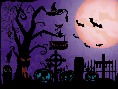 vector illustration of pumpkins and old tree with bats and a graveyard in the fog at night when the moon festival in October, Halloweenのイラスト素材
