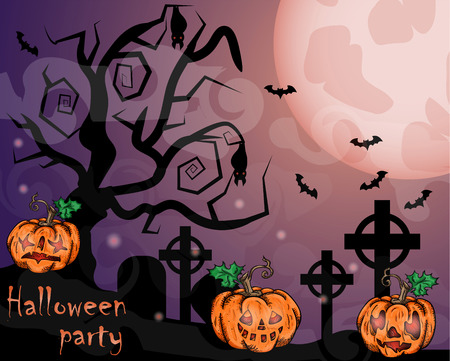vector illustration of pumpkins and old tree with bats and a graveyard in the fog at night when the moon festival in October, Halloweenのイラスト素材