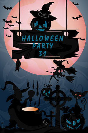 vector illustration of pumpkins and  with bats and a graveyard in the fog at night when the moon festival in October, Halloweenのイラスト素材