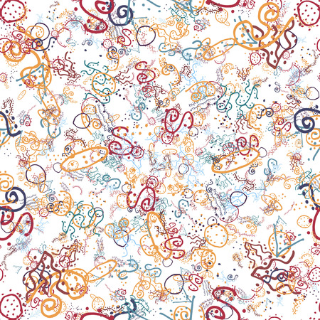vector seamless pattern consisting of wavy lines, doodles, dots and spots of different sizes and colors, the background on a separate layerのイラスト素材