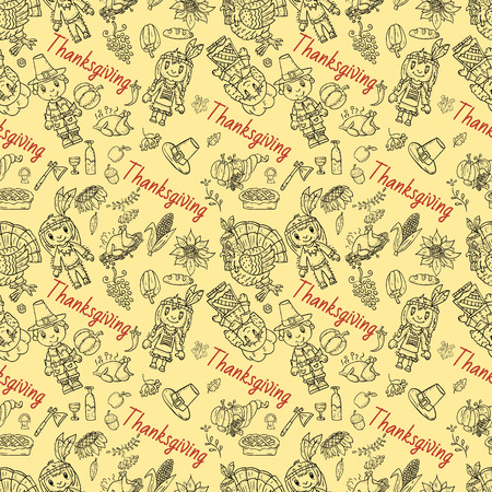 vector seamless pattern illustration in the style of childrens thanksgiving drawing, Doodle for design and decoration children and holiday symbols national eventのイラスト素材