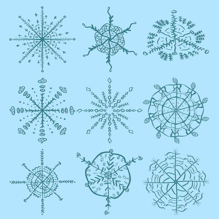 vector large Christmas and new year set of snowflake design elements for decoration and design of postcards, posters and web background is isolatedのイラスト素材