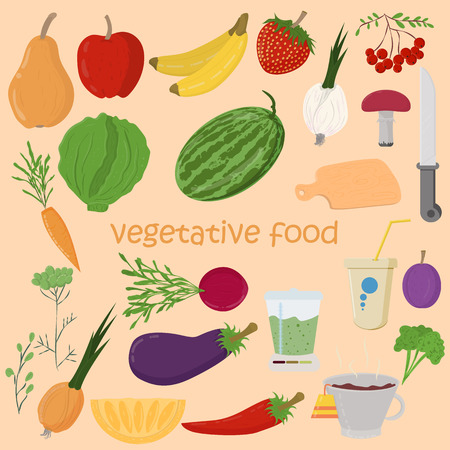 vector illustration of flat style vegetables and fruits berries for healthy eating diet vegetative food all drawings are isolatedのイラスト素材