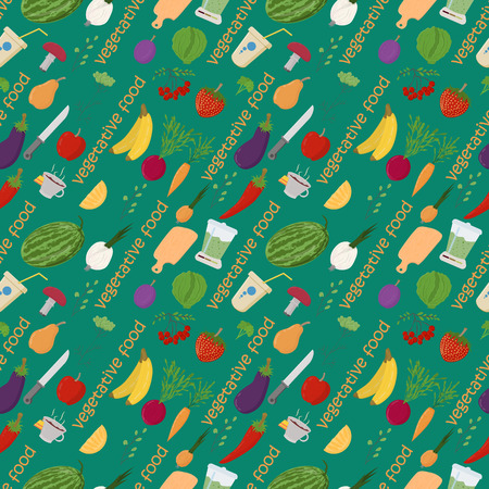 vector seamless pattern illustration of flat style vegetables and fruits berries for healthy eating vegetarian food background isolatedのイラスト素材