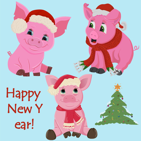 vector illustration of three little pink piglets in Santas hat and scarf around the neck symbol of the new 2019 Chinese calendar, postcard design, web, printing, flatのイラスト素材