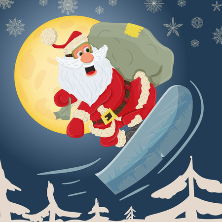 vector childrens illustration on Christmas and new year theme in flat Santa Claus style with a bag of gifts flying on a snowboardのイラスト素材