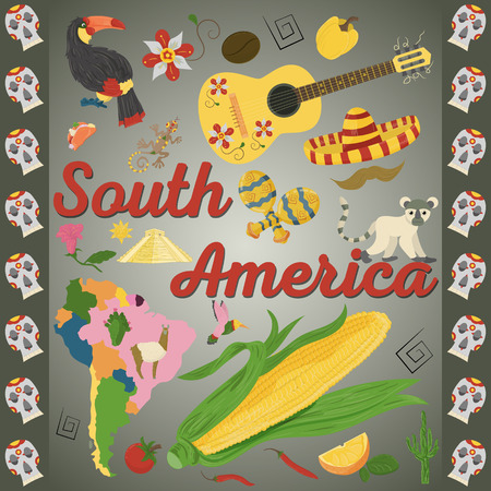 vector drawing in flat style on the theme of South America, animals, buildings, plants, holidays, continent map, food design elements tourism travel, sticker design for printing and decorationのイラスト素材