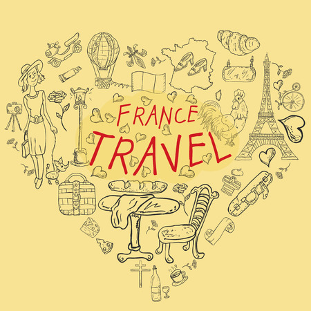 vector contour illustration, coloring, on the theme of a trip to the country of Europe, France, symbols and attractions, a set of drawings, print design and web design, Doodle styleのイラスト素材