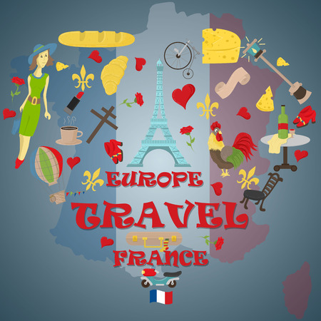 vector flat illustration travel to Europe France, symbols and attractions, set of drawings, print design and web design, all drawings on separate layersのイラスト素材