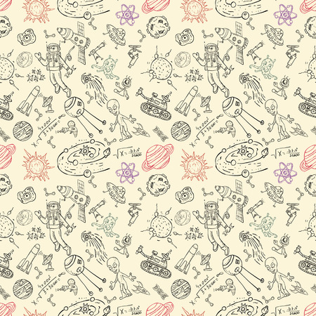 vector seamless pattern with childrens drawings on the theme of space, science and the emergence of life on earth, UFO's, planets technique of reproduction, the universe, Doodle style, background can be replacedのイラスト素材