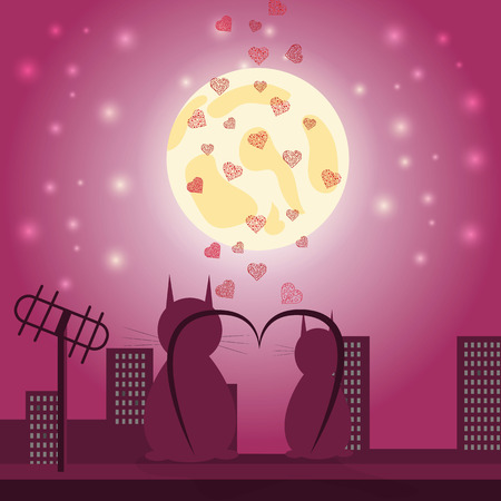 vector illustration of loving cat boy and cat girl sitting on the roof looking at the moon against the city background and hearts design for Valentines dayのイラスト素材
