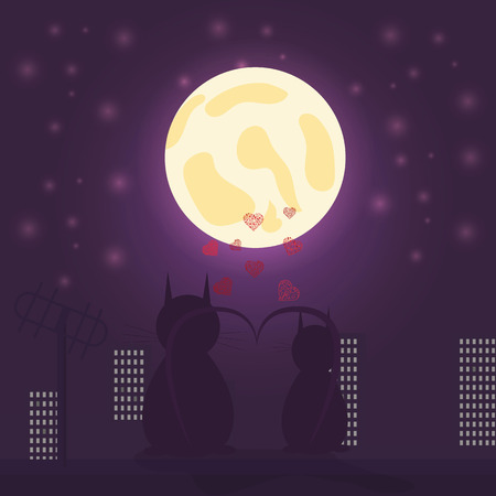 vector illustration of loving cat boy and cat girl sitting on the roof looking at the moon against the city background and hearts design for Valentines dayのイラスト素材