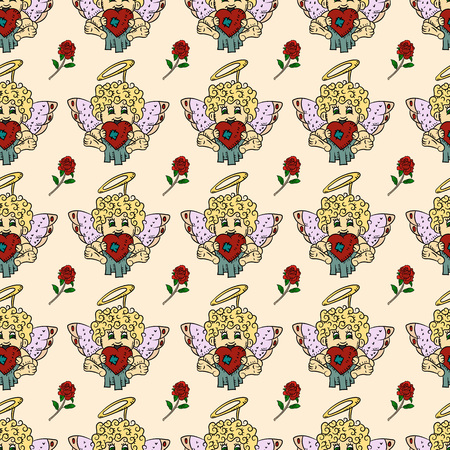 vector colored seamless pattern illustration in the style of childrens scribbles on the theme of Valentines day cupids for the design and background can be replacedのイラスト素材