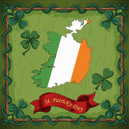 vector color illustration on the theme of St. Patricks day celebration, background with map of Ireland painted under the national flagのイラスト素材