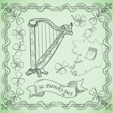 vector contour illustration coloring on the theme of St. Patricks day celebration, harp musical instrumentのイラスト素材
