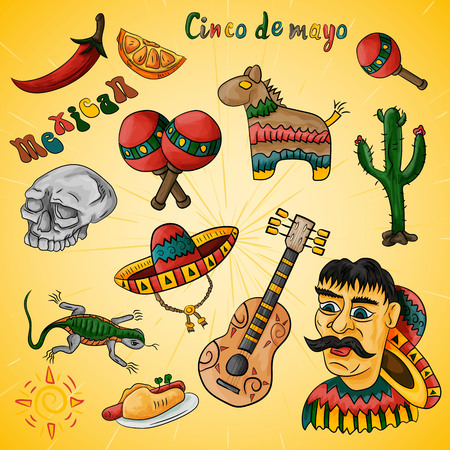 vector set of illustrations of design elements on the Mexican theme of Cinco de mayo celebration all drawings on a single layerのイラスト素材