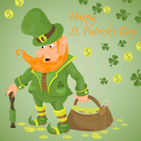 vector color illustration on the theme of St. Patricks day celebration, leprechaun with a cane holding a bag of gold coins on the background of clover leaf, in the style of flat, design of postcardsのイラスト素材