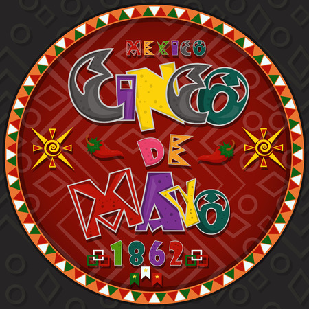 vector design in a circular pattern on a Mexican theme of celebrating Cinco de mayo in style flat inscription calligraphy in the circle of Mexican culture, backgrounds for covers and labelsのイラスト素材