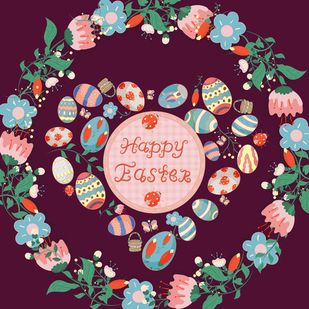Easter illustration in the circular vegetative ornament of flowers located painted eggs for the festival vector designのイラスト素材