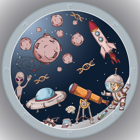 space the view from the window of a spacecraft vector illustration for design and decoration, stickers the covers, in the style of childrens illustration, doodlesのイラスト素材
