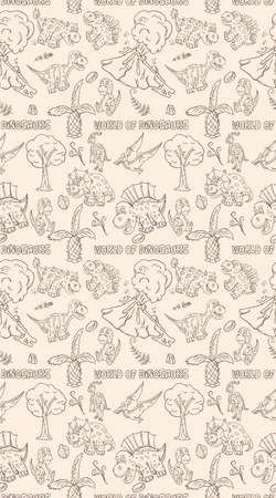 contour seamless illustration pattern of small dinosaurs and trees, plants, stones, for decoration design in Doodle style vectorのイラスト素材