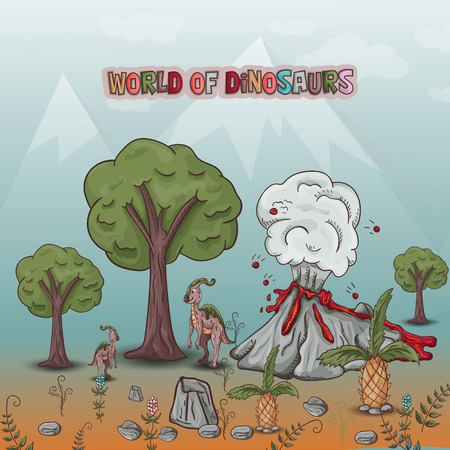 color illustration coloring of small dinosaurs and trees, plants, stones, for design in the style of Doodle vectorのイラスト素材