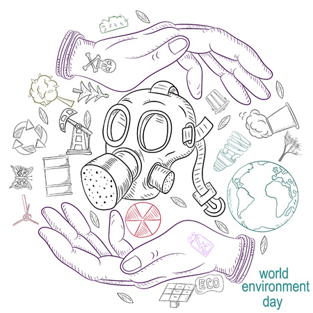 contour illustration for the design of various objects of human life the theme of world environment day, pollution problemsのイラスト素材