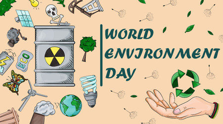 design cover of various objects of human life, the theme of the world environment day pollution...