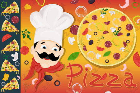 cover background illustration, on the theme of Italian pizza cuisine, for decoration and design sticker of ingredients vector EPS 10のイラスト素材